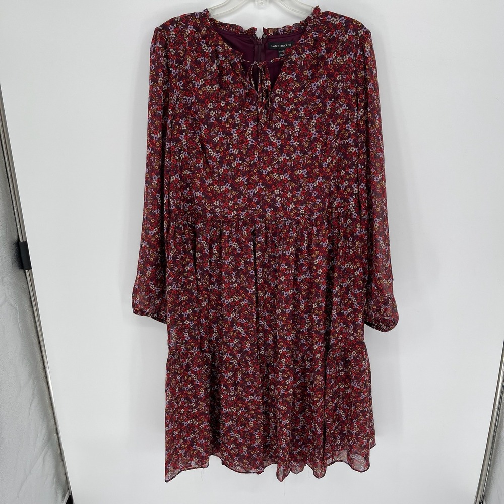Lane Bryant‎ NWT Women's Burgundy Floral Tiered Chiffon Mini Dress Size 14-16